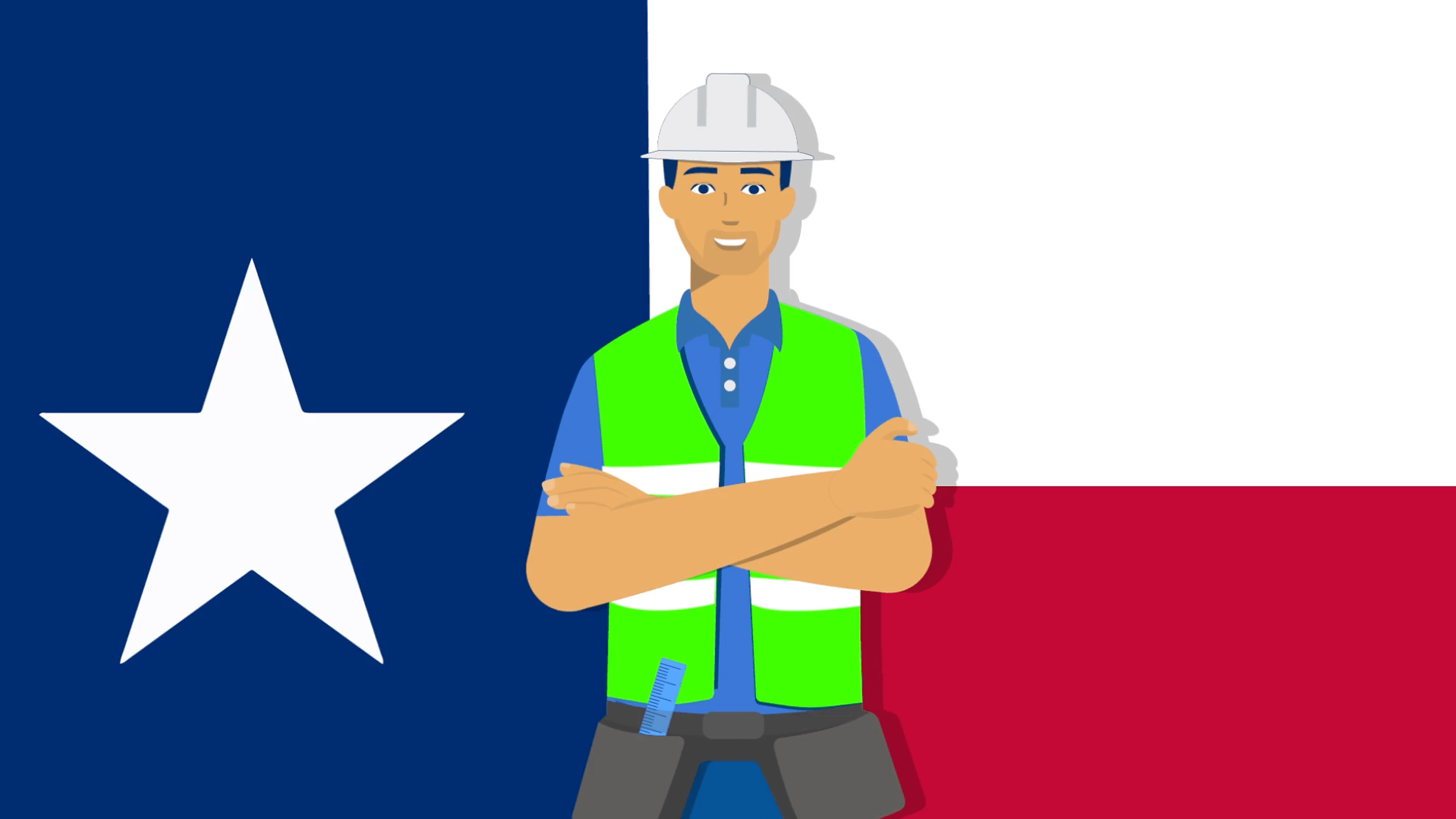 Hero image - Cartoon stylised Texan builder standing in front of the Texas flag as a background